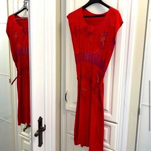 Women’s Red Vintage Abstract Wayne Clark Tuscan Style Pleated Dress Sz 8